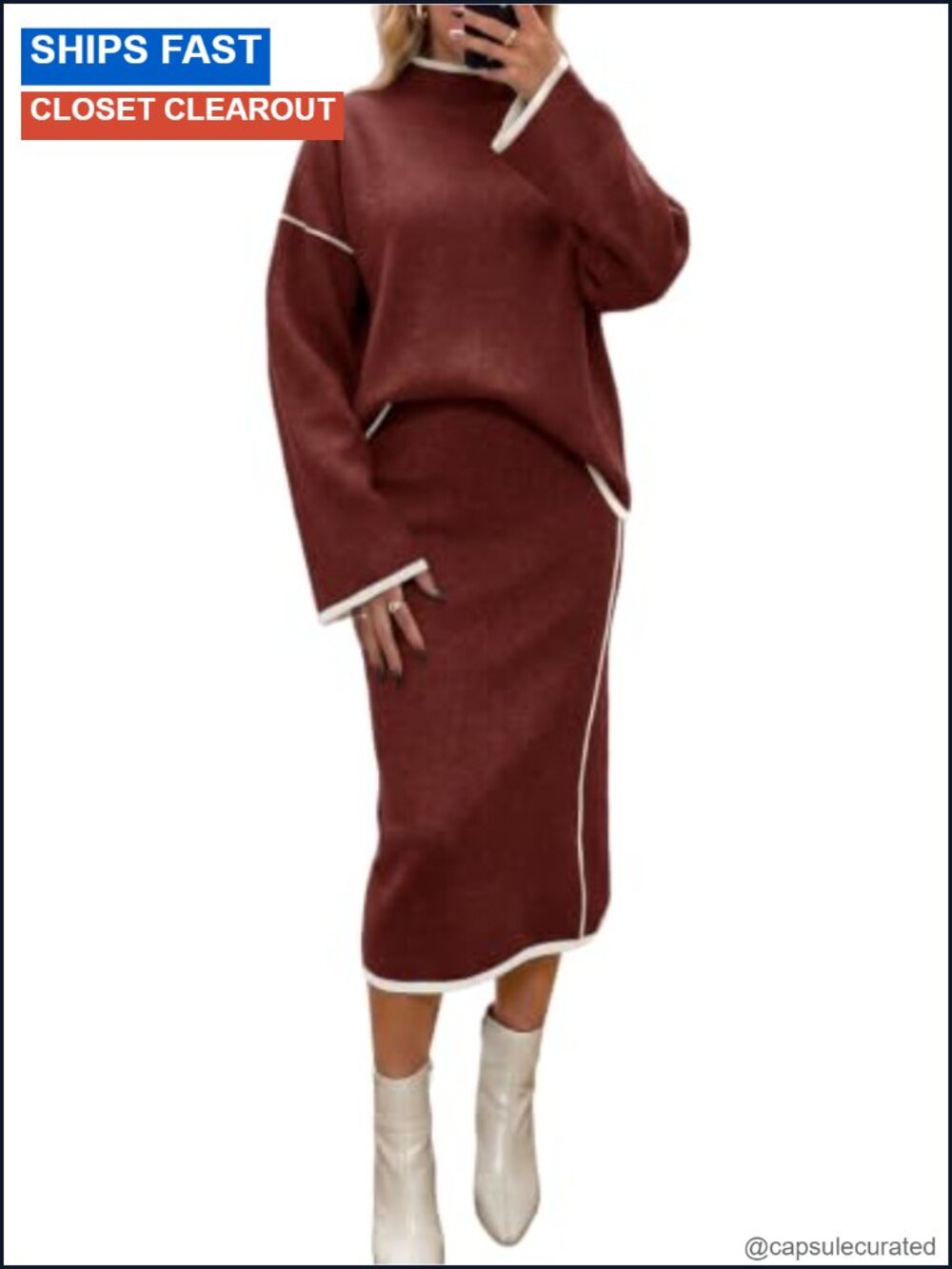 Wenrine Women's Knit Two Piece Set Mock Neck Sweater Midi Skirt Set Casual